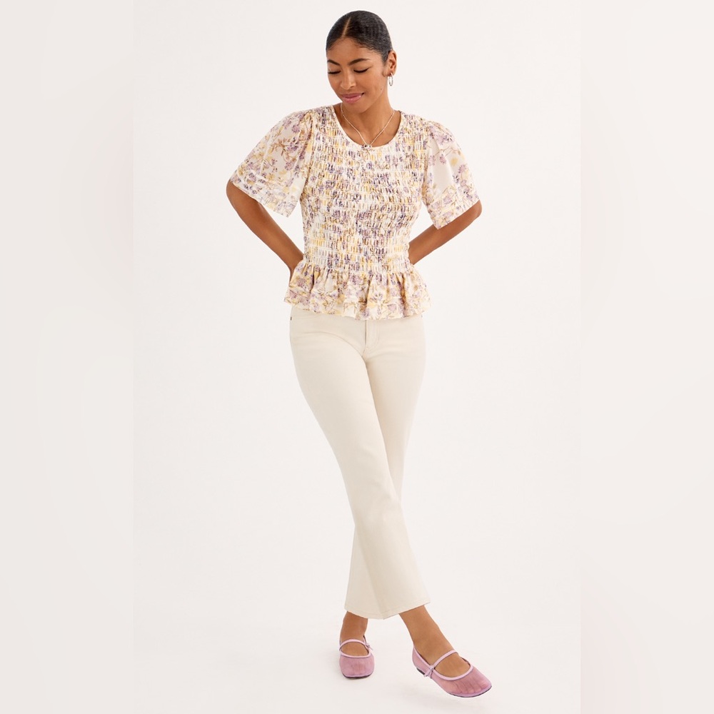 CAbi Cream Floral Smocked Peplum Top
